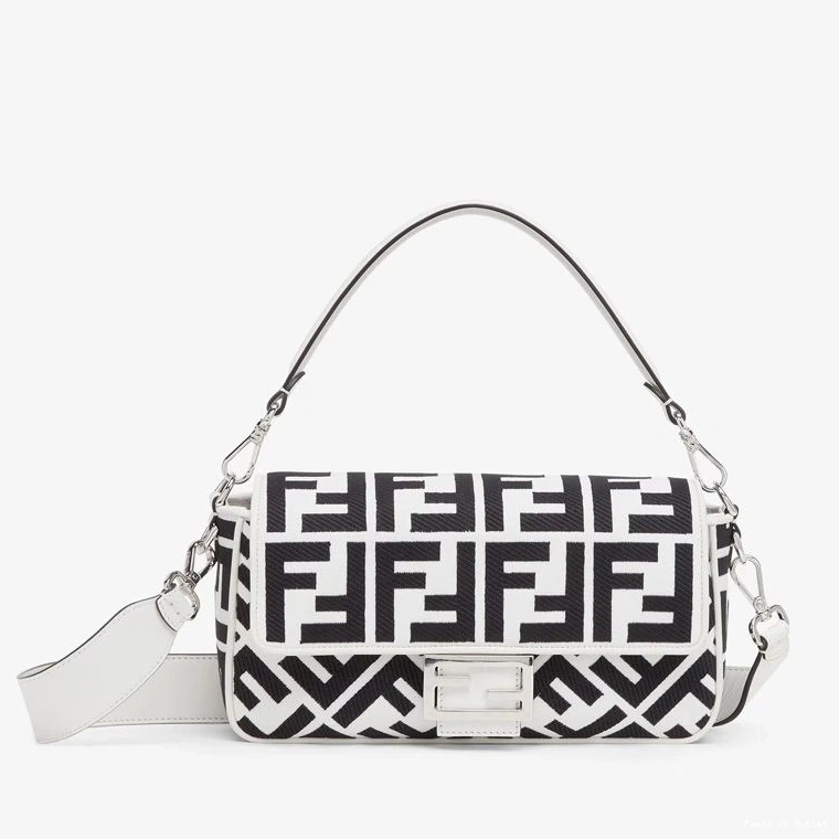 HOT Canvas FF Baguette Bag Fendi Medium Motif In White Black 0719